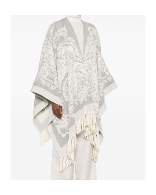 Etro White Paisley-Pattern Fringed Poncho