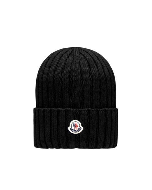 Moncler Black Logo Patch Knitted Beanie
