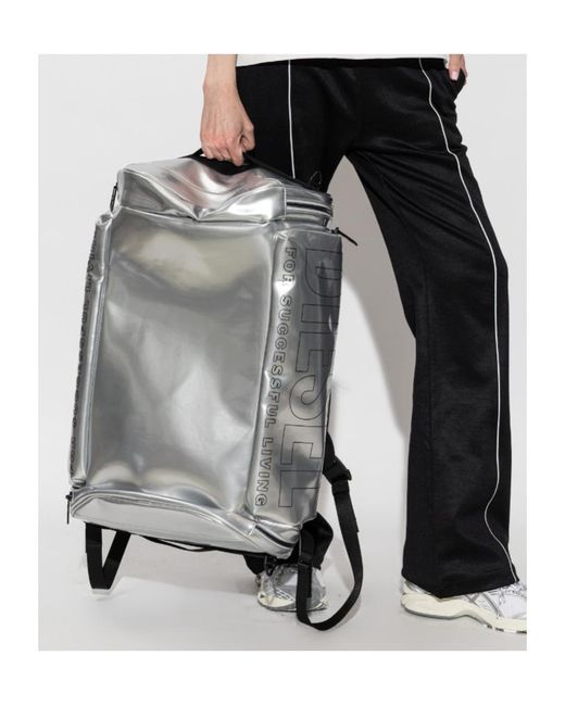 DIESEL Gray Logo Print Zip-Up Backpack for men
