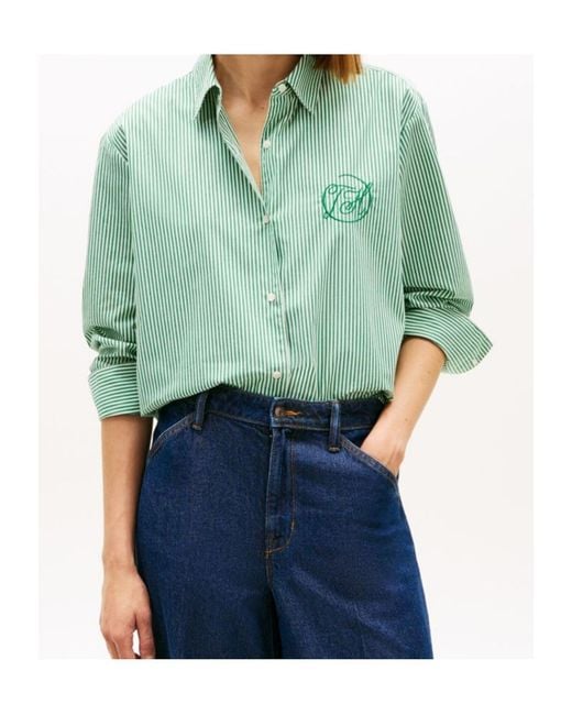 Tommy Hilfiger Green Striped-Print Logo-Embroidered Shirt