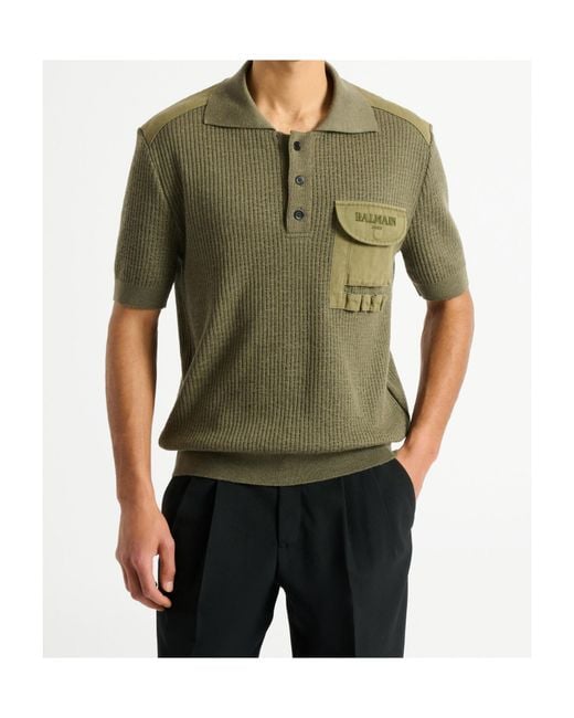 Balmain Green Vintage Utility Ribbed Knit Polo for men