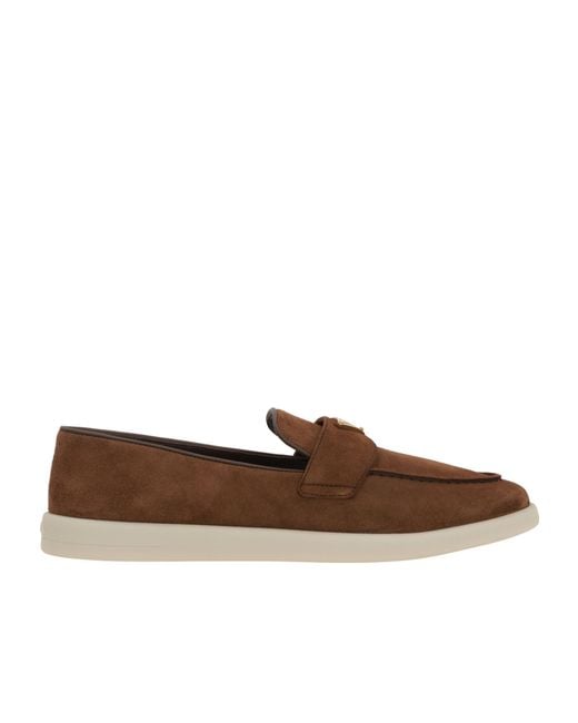 Prada Brown Logo Plaque Slip-On Loafers