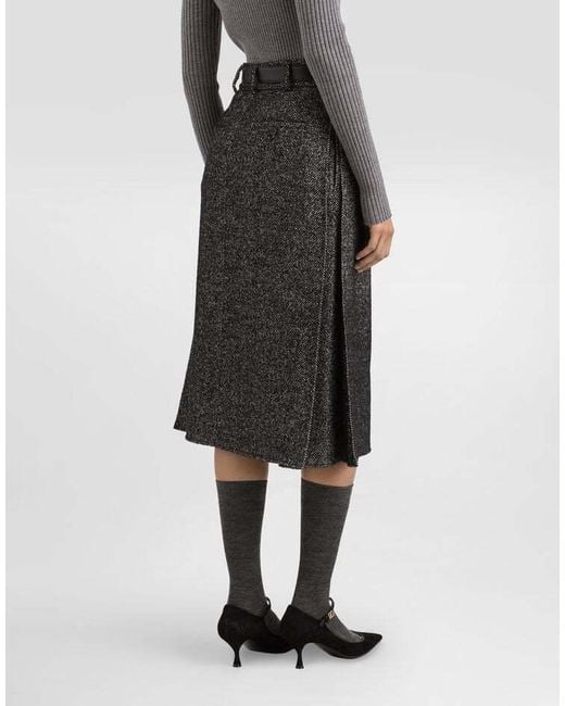 Dolce & Gabbana Gray Pleated Herringbone Midi Skirt