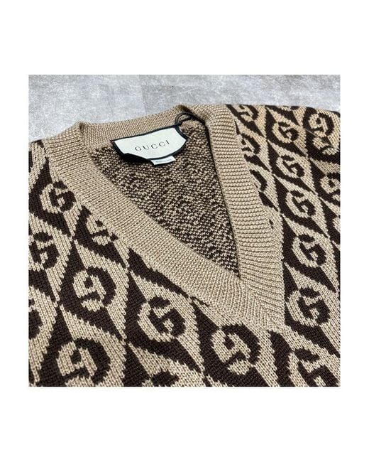 Gucci Brown V-Neck Geometric Pattern Wool Pullover for men