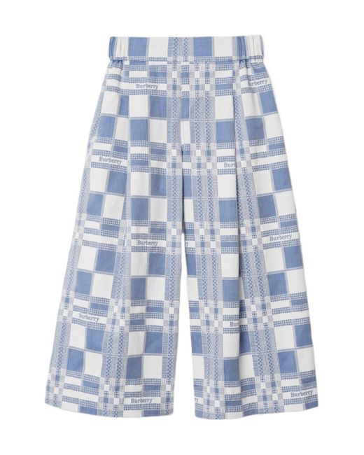 Burberry Blue Checked Wide-Leg Cotton Trousers
