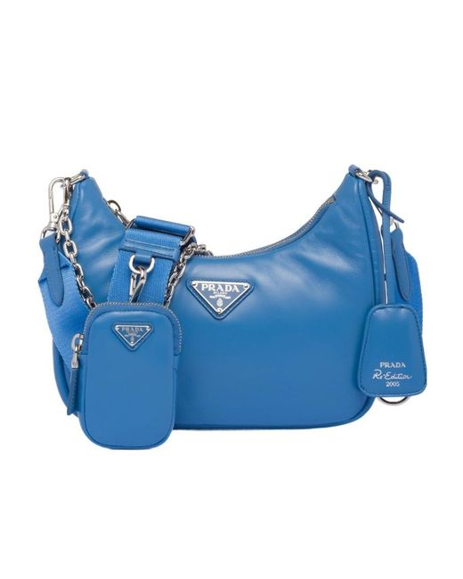 Prada Blue Logo Plaque Chain-Linked Shoulder Bag