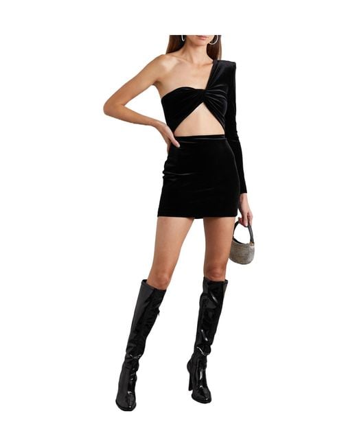 Alex Perry Black Greer One-Shoulder Knotted Cutout Velvet Mini Dress