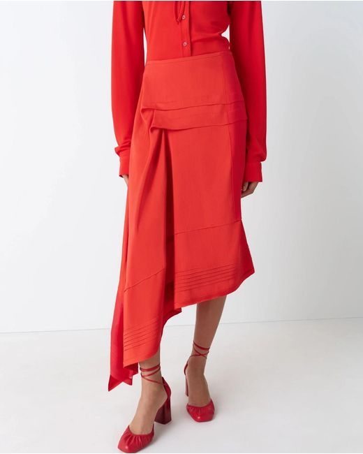 Lemaire Red Pleated Asymmetric Midi Skirt