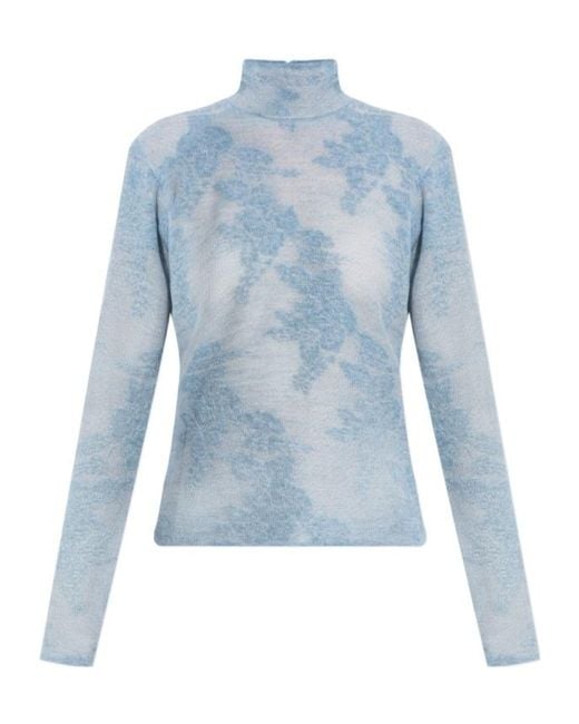 Ganni Blue Sheer Turtleneck Knitted Top