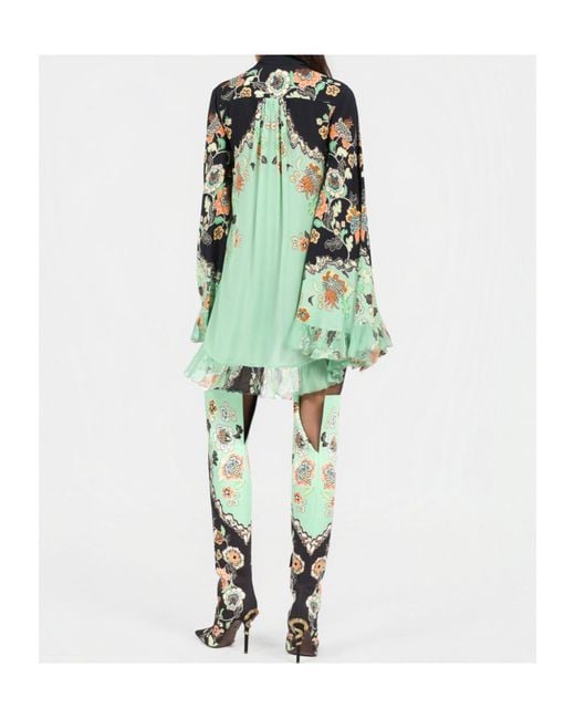 Roberto Cavalli Green Kimono Print Mini Dress
