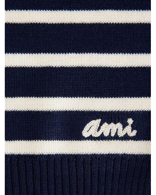AMI Blue Merino Wool Off-Shoulder Striped Top