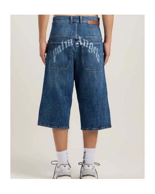 Palm Angels Blue Curved Logo Skater Shorts for men