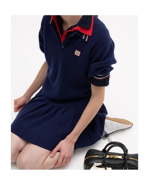 Miu Miu Blue Logo-Patch Short-Sleeved Mini Polo Dress