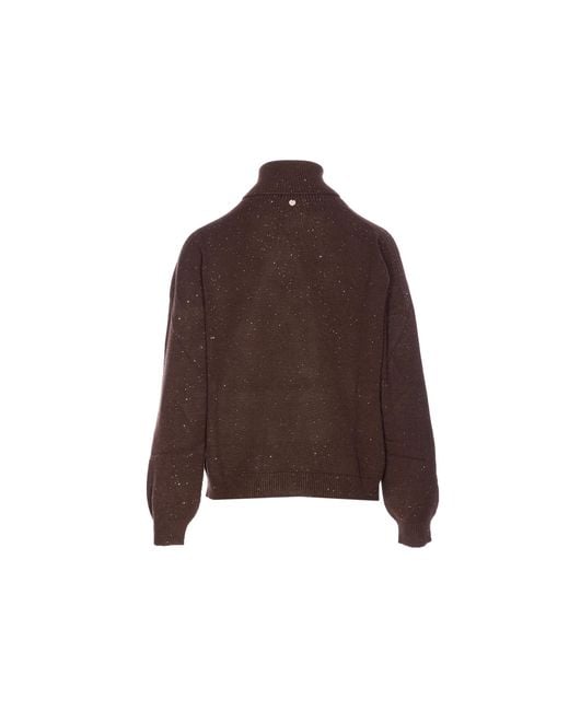 Liu Jo Brown Sequin Embellished Polo-Neck Jumper
