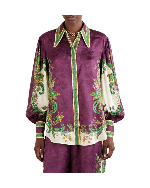 ALÉMAIS Purple Floral-Print Satin-Jacquard Shirt