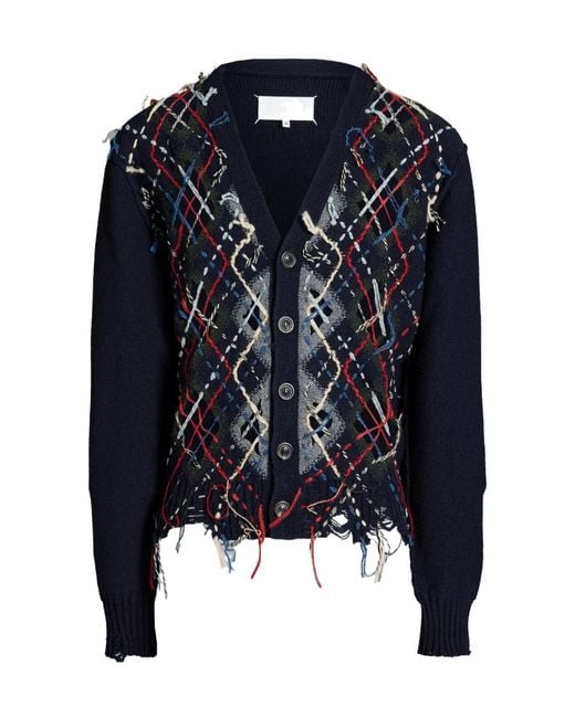 Maison Margiela Blue Cut-Out Detailed Knitted Cardigan for men
