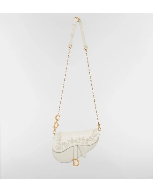 Dior White Small Saddle Bag With Chain
