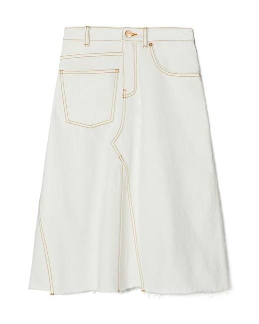 Tory Burch White Deconstructed Raw-Cut Hem Denim Skirt