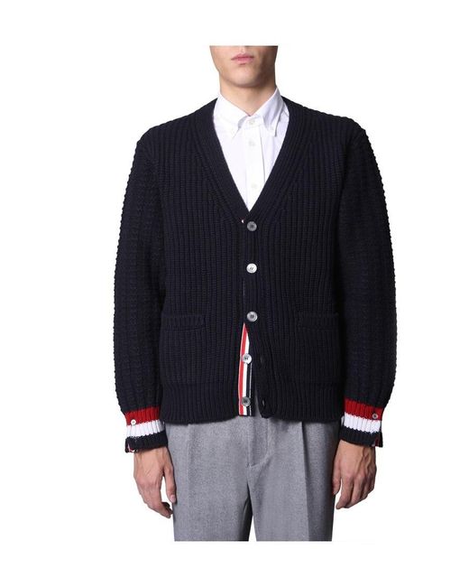 Thom Browne Blue V-Neck Knitted Cardigan for men
