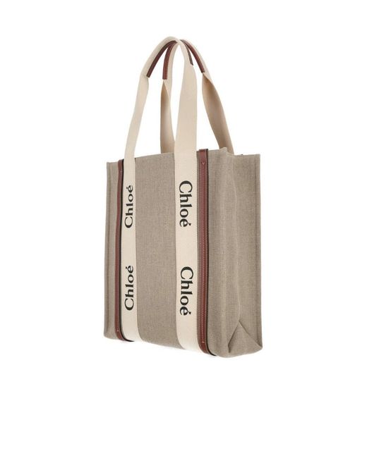 Chloé Natural Chloé Woody Logo Embroidered Tote Bag