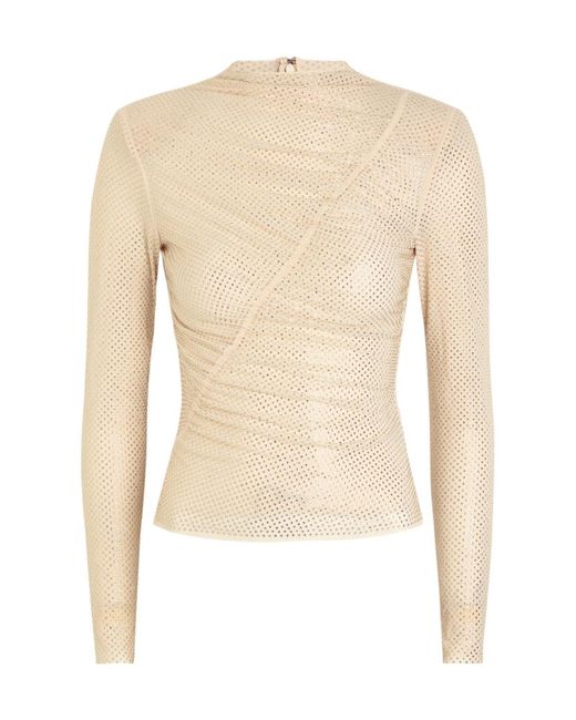 Self-Portrait Natural Crystal-Embellished Mesh Top