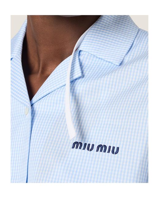 Miu Miu Blue Gingham-Check Logo-Embroidered Shirt