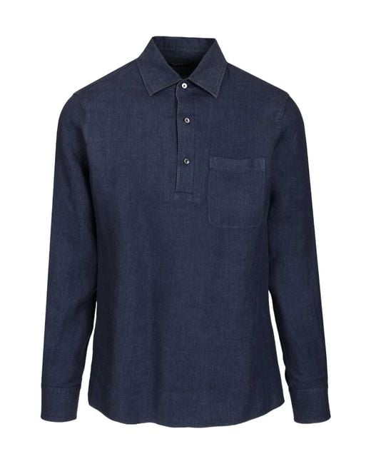 Zegna Blue Linen Patch Pocket Shirt for men