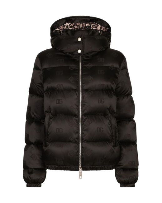 Dolce & Gabbana Black Padded Satin Jacquard Down Jacket With All-Over Dg Logo