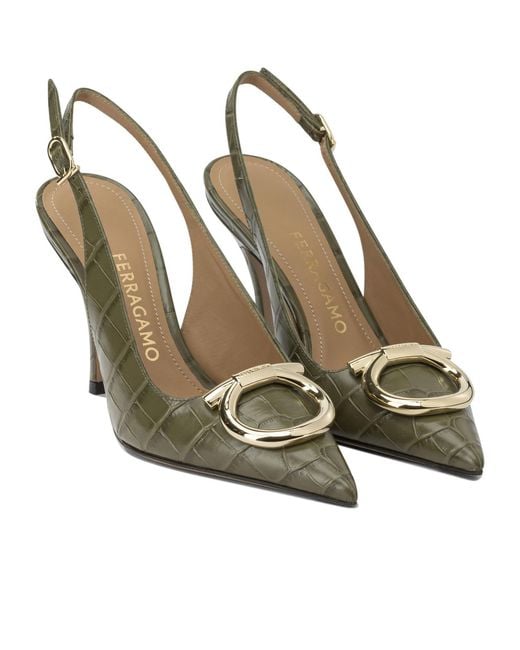 Ferragamo Metallic 'Sara Croc 65Mm' Slingback