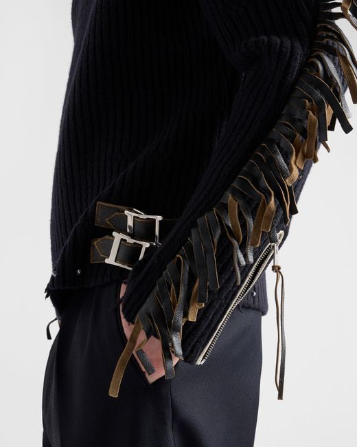 Prada Black Wool Crew-Neck Sweater With Fringe And Studs for men