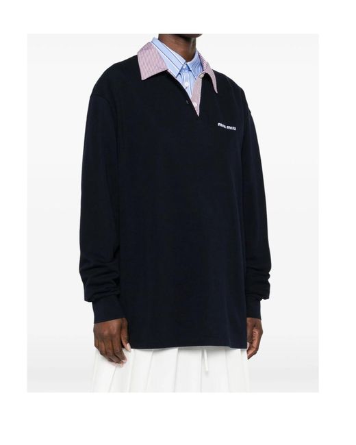 Miu Miu Black Logo-Embroidered Long-Sleeved Polo Shirt