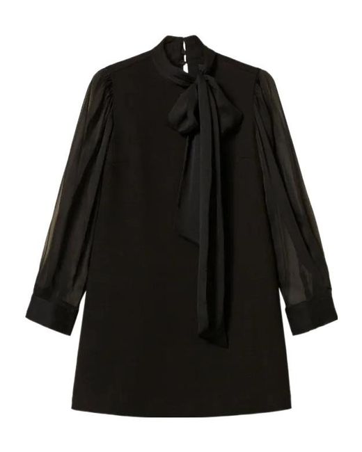 Twinset Black Bow-Neck Sheer-Sleeve Mini Dress