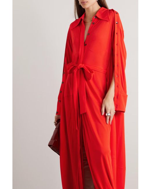 Proenza Schouler Red Tie-Waist Knit Crepe Shirt Dress