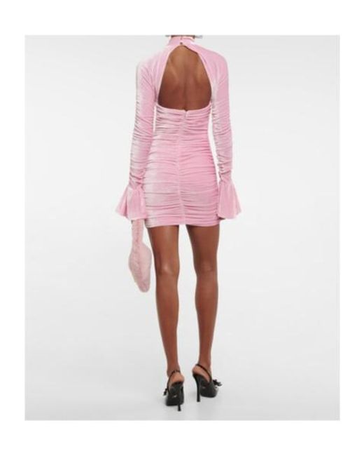 Blumarine Pink Ruched Mockneck Velvet Minidress