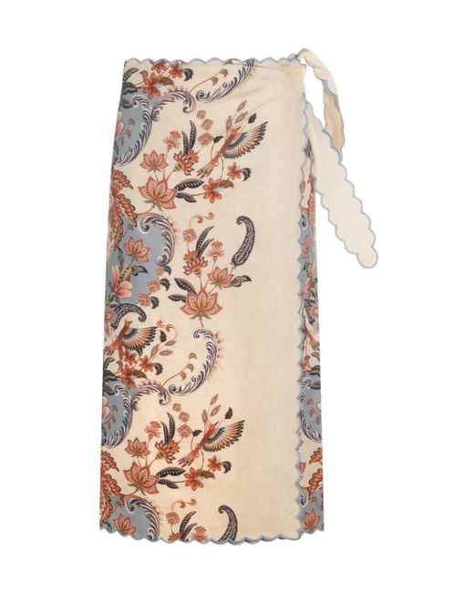 Farm Rio Natural Scalloped Floral Wrap Skirt