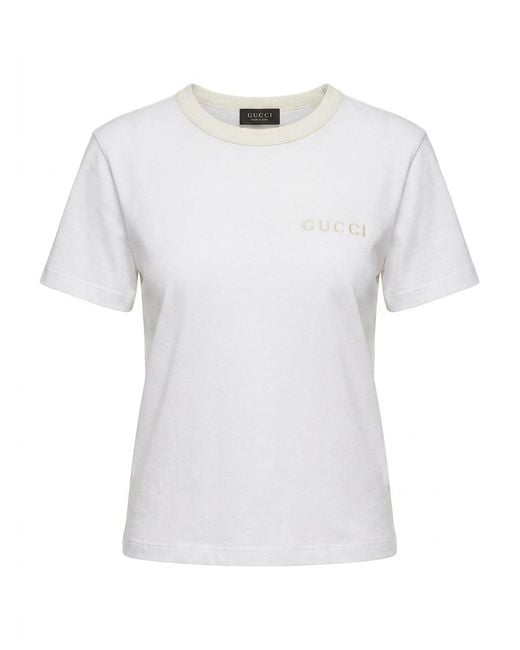 Gucci White Cotton Jersey T-Shirt With Embroidery