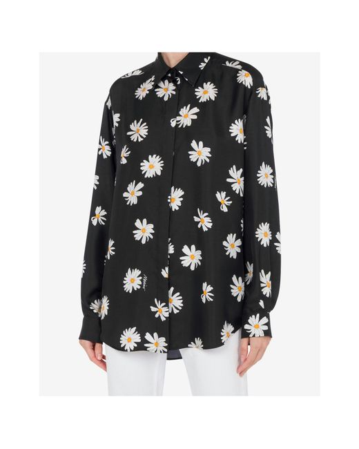 Moschino Black Silk Twill Shirt Allover Daisy