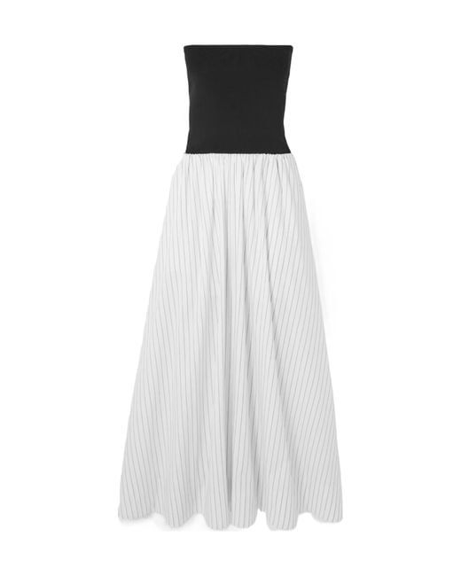 St. Agni White Strapless Jersey And Pinstriped Organic Cotton Maxi Dress
