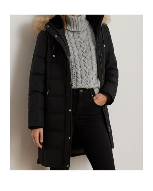 Ralph Lauren Black Real Leather Fur Hood Medium Puffer Jacket
