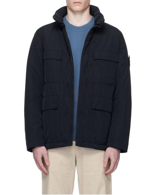 Stone Island Blue Hooded Jacket With Drawstring And Snap Closure For for men