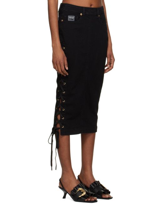 Versace Jeans Black Couture Lace-Up Detailed Midi Denim Skirt