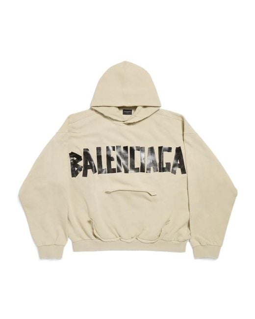 Balenciaga Natural Cotton Distressed Tape Logo Hoodie for men