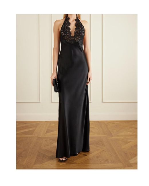 Nili Lotan Black Noemie Lace-Trimmed Silk-Satin Halterneck Midi Dress