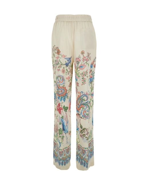 Etro White Pants With Elastic Drawstring Waist And All-Over Floral Print