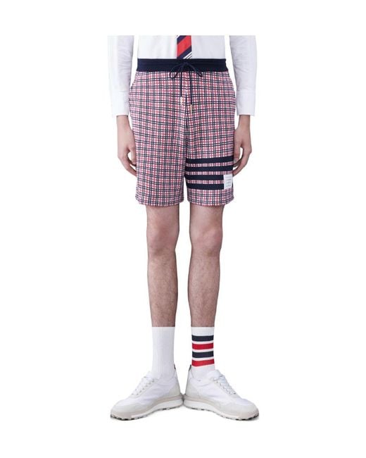 Thom Browne Red Check Jacquard 4-Bar Sweatshorts for men