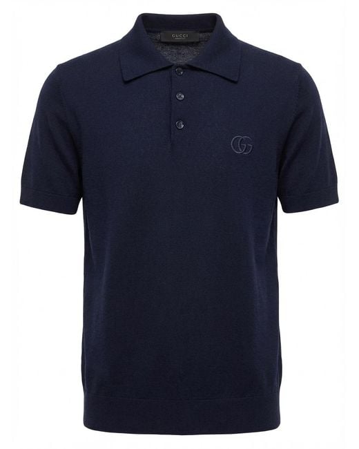 Gucci Blue Logo Embroidered Knit Polo Shirt for men