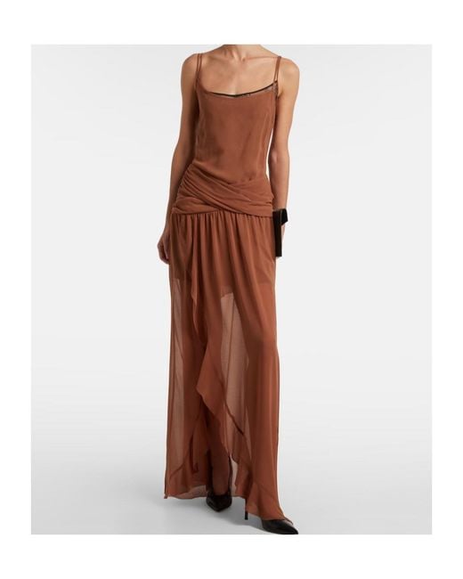 JACQUES WEI Brown Draped Ruffled Maxi Dress