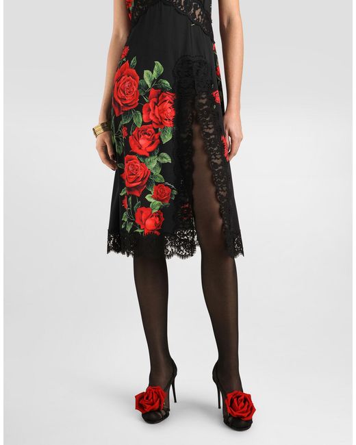 Dolce & Gabbana Red Rose-Print Charmeuse Midi Dress
