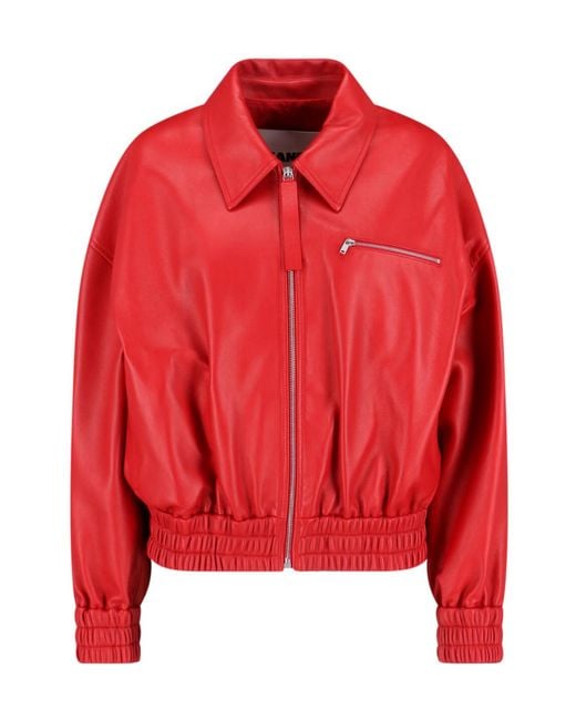 Jil Sander Red Leather Bomber Jacket