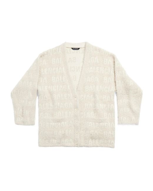 Balenciaga White Allover Logo Furry Cardigan